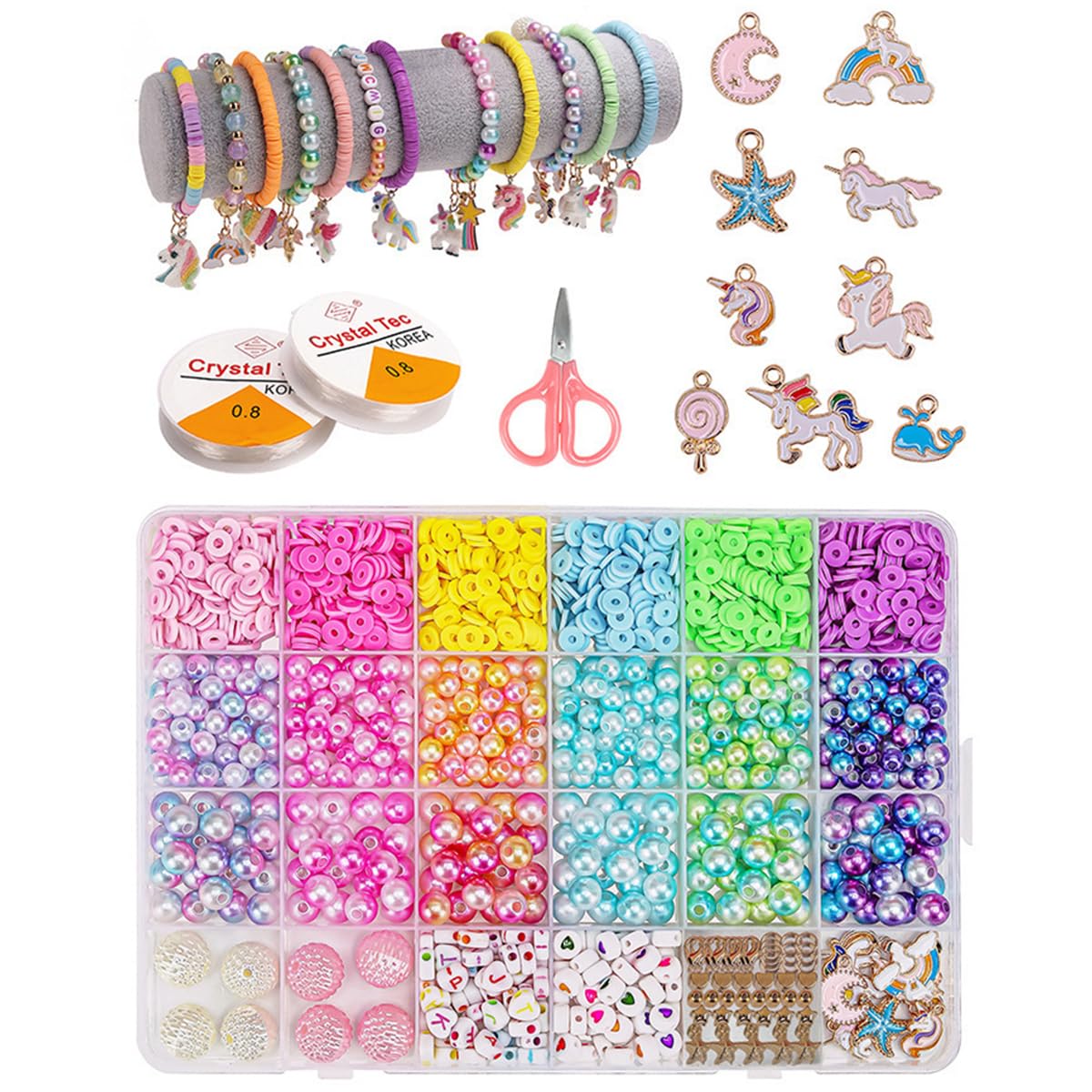 ZIBUYU DIY Bracelet Making Beads Kit for Kids Unicorn Charm Beads Gradient Colored Beads Bracelet Making Clay Beads Kit with Crystal Lines & Scissors DIY Beading Craft Clay Beads Set