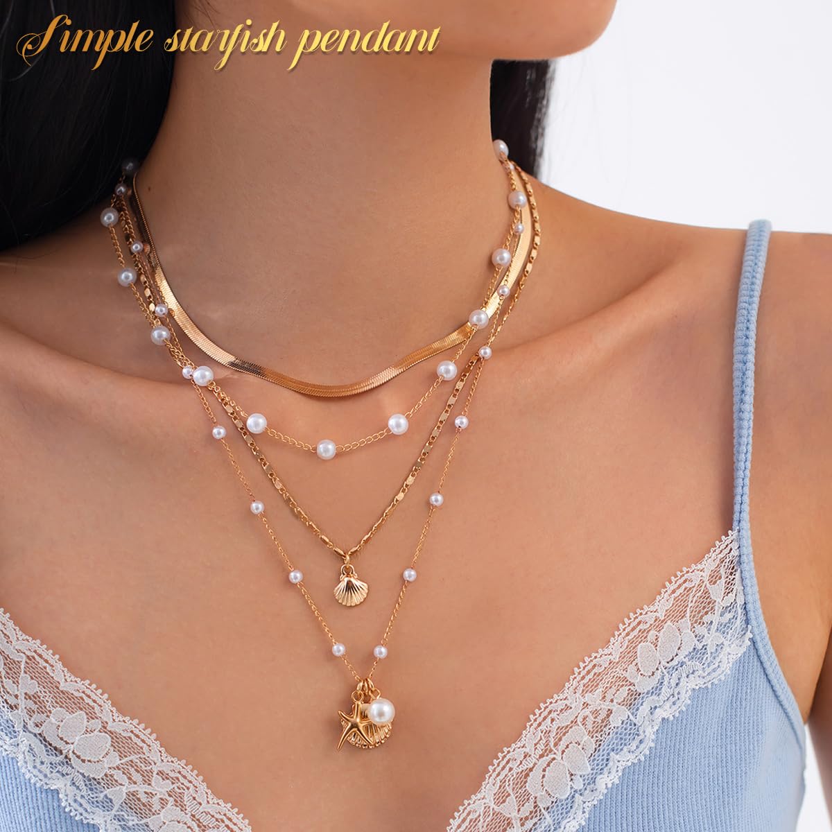 SANNIDHI Necklace Set for Women featuring 4 Layered Gold Chains with Seashell and Starfish Pendants | Beach Jewelry Gift