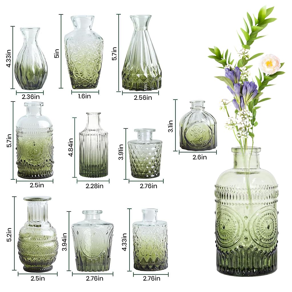 HASTHIP Glass Vase Set for Flower Arrangement featuring 10 Retro Embossed Designs | Transparent Green Gradient Decor