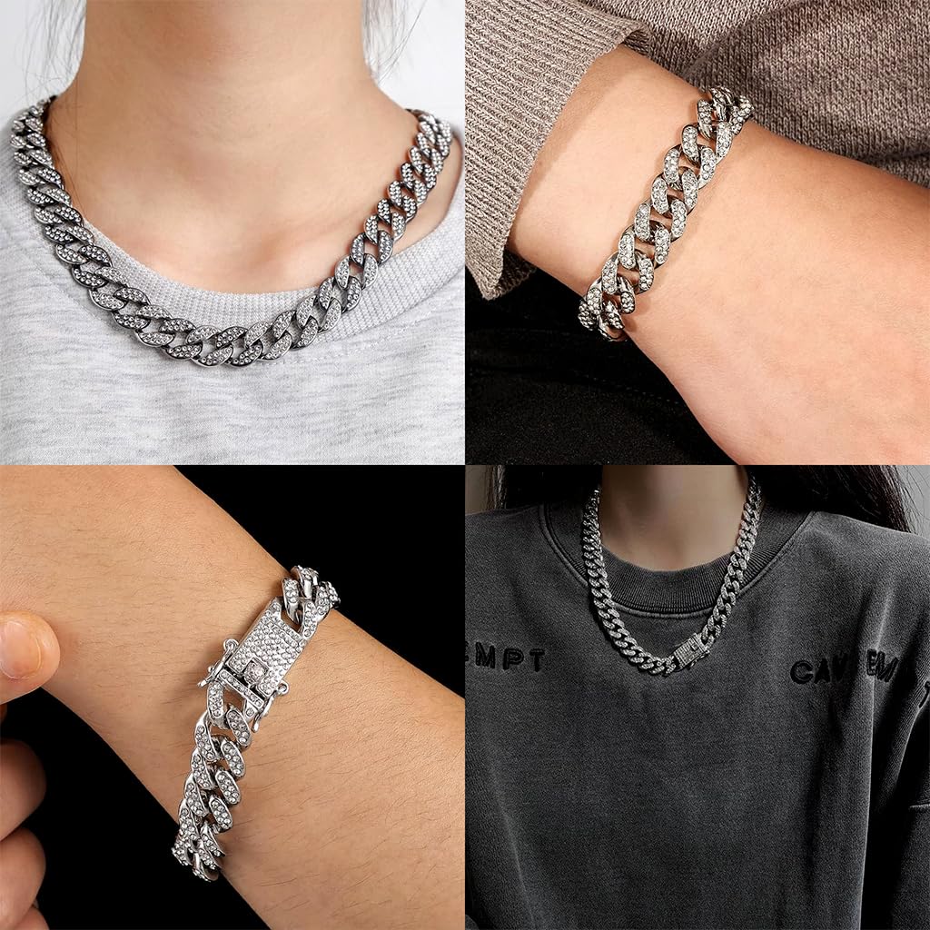 GUSTAVE Cuban Link Chain Set for Men featuring Interlocking Links with Zircon Shine 24 in | 7.8 in