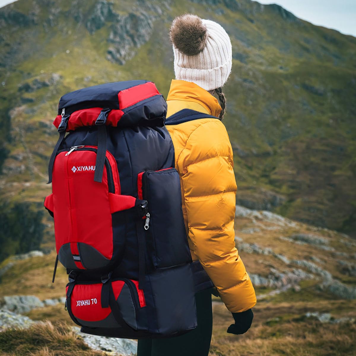 GUSTAVE Travel Backpack for Hiking and Camping 70L with Ergonomic Burden Relief | Waterproof Nylon Rucksack