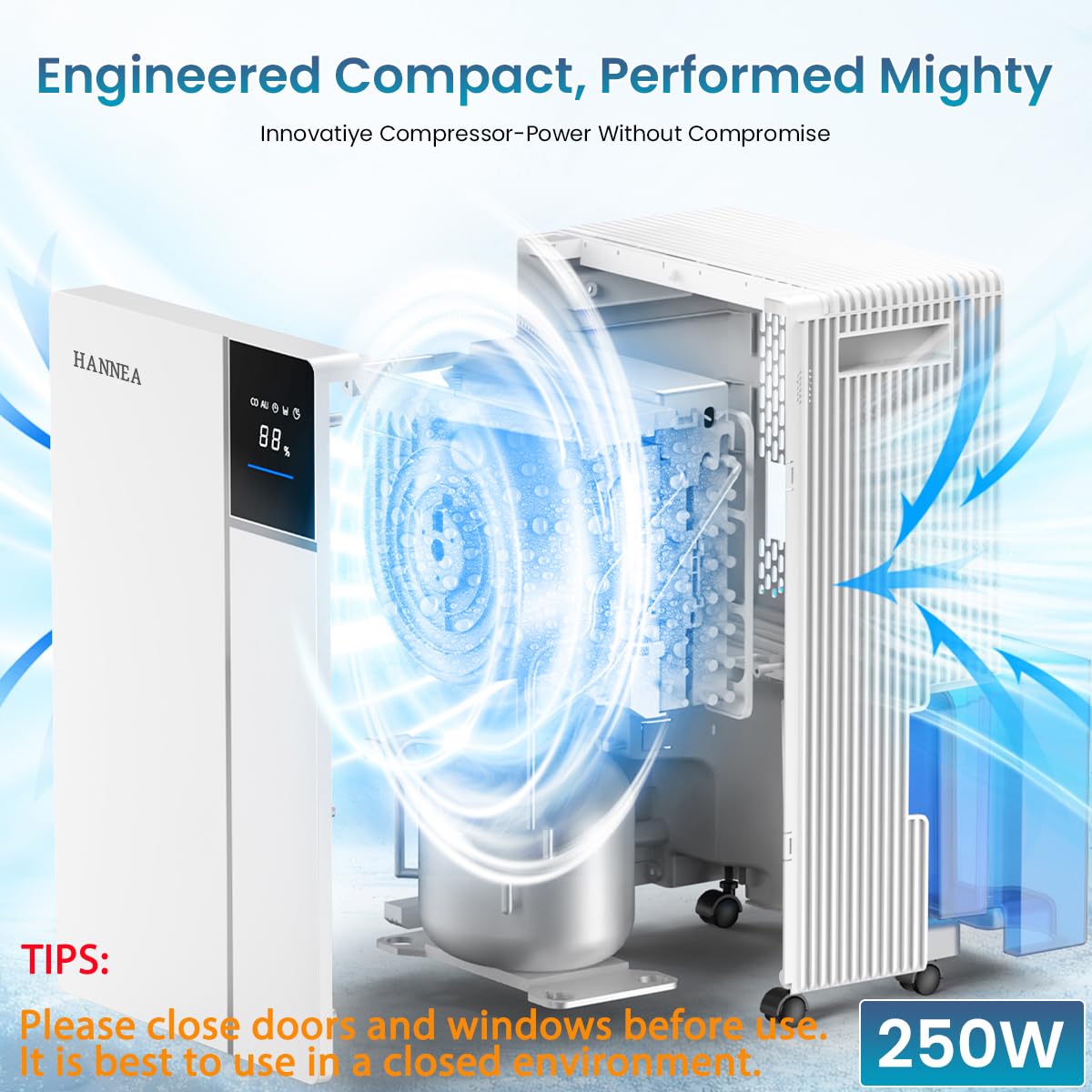 HANNEA Dehumidifier for Home and Basement with 12L Day Capacity and Dual Drainage | Smart Humidity Control