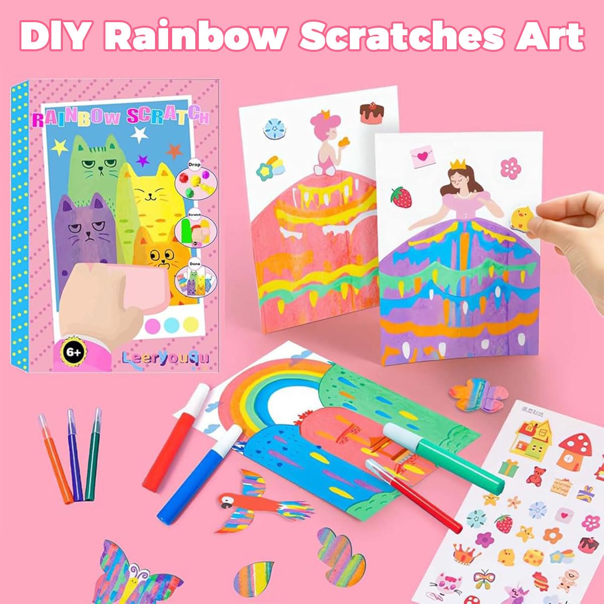 PATPAT DIY Rainbow Scratch Paint Art Kit for Party Fun with 20 Sheets and Dot Squeegee | Includes Stickers and Postcard Backs