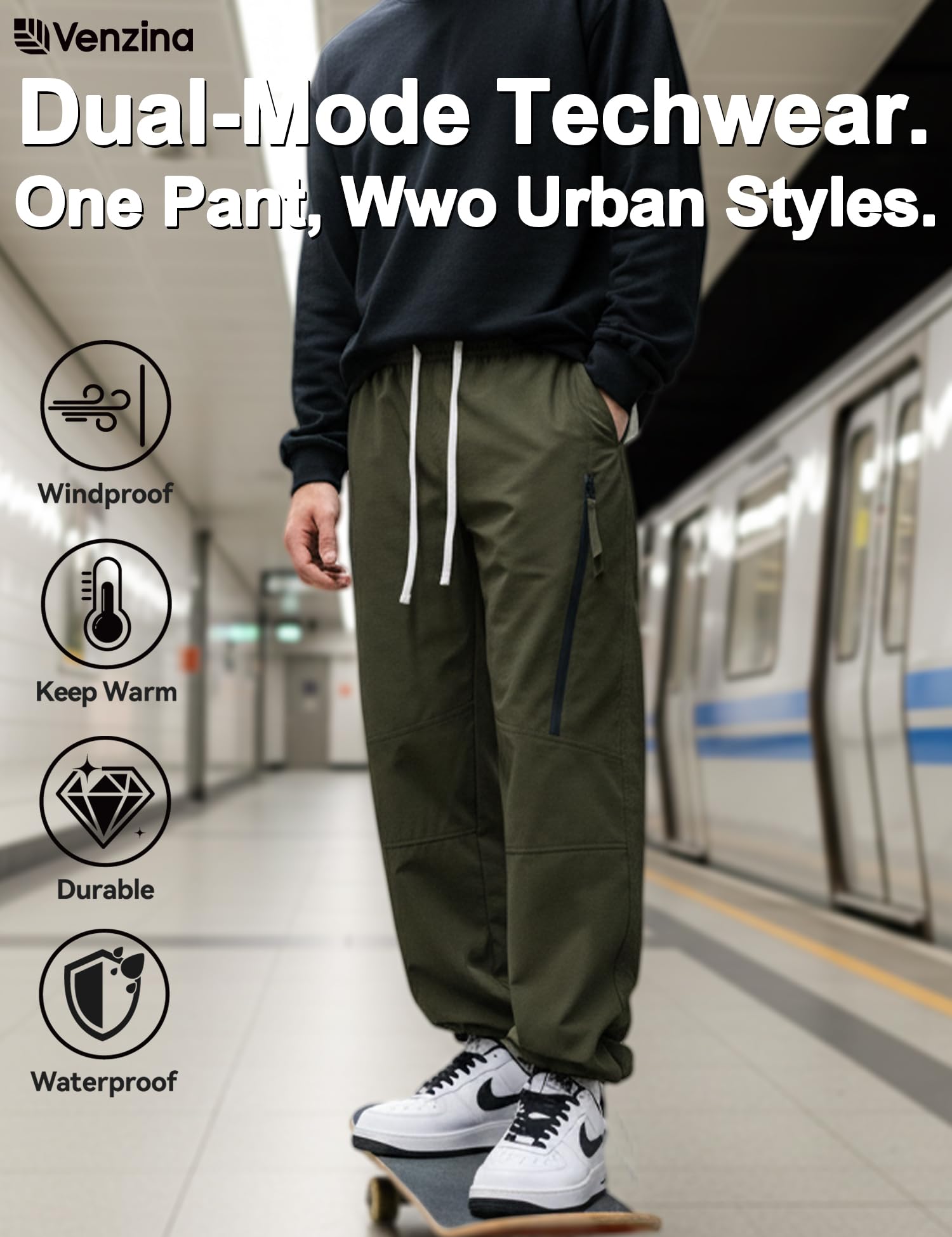 Venzina Men's Techwear Pants for Commuting and Travel featuring 2-Way Ankle Design | Waterproof Quick-Dry Army Green Joggers