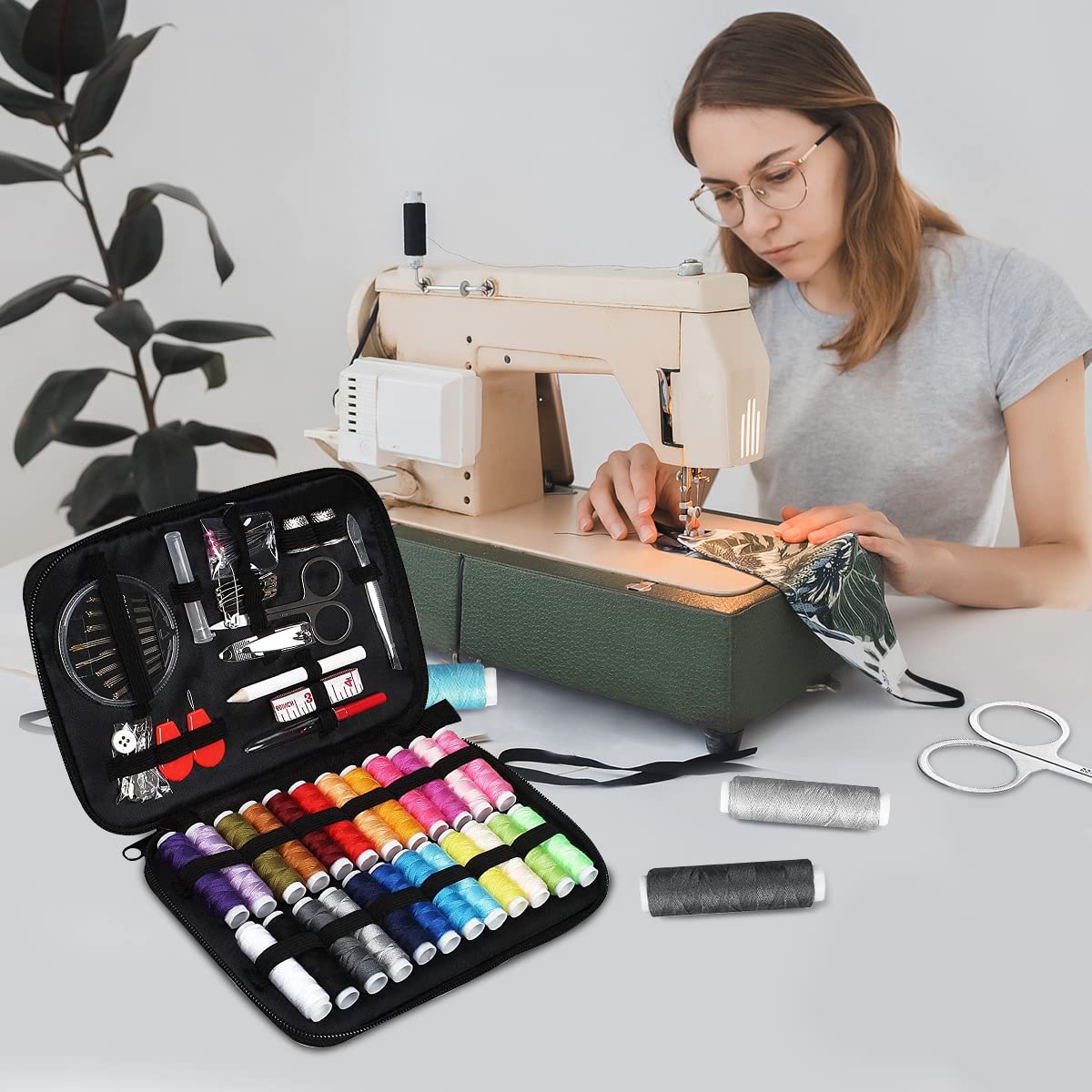ELEPHANTBOAT Sewing Kit for Home and Travel with 130 pcs Accessories including 24 Thread Spools and Zipper Storage Box