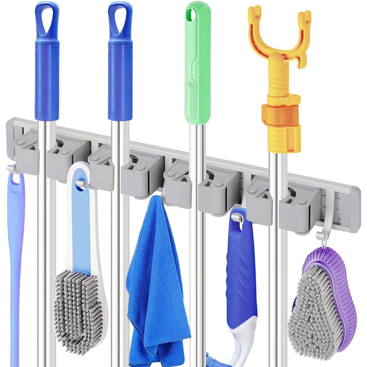 HASTHIP® Wall Mounting Mop Broom Holder 4 Slots & 5 Hooks Space Aluminum Broom Organizer Nail-Free Installation Mop Holder for Home, Office, Storage Rooms, Bathroom, Cleaning Room