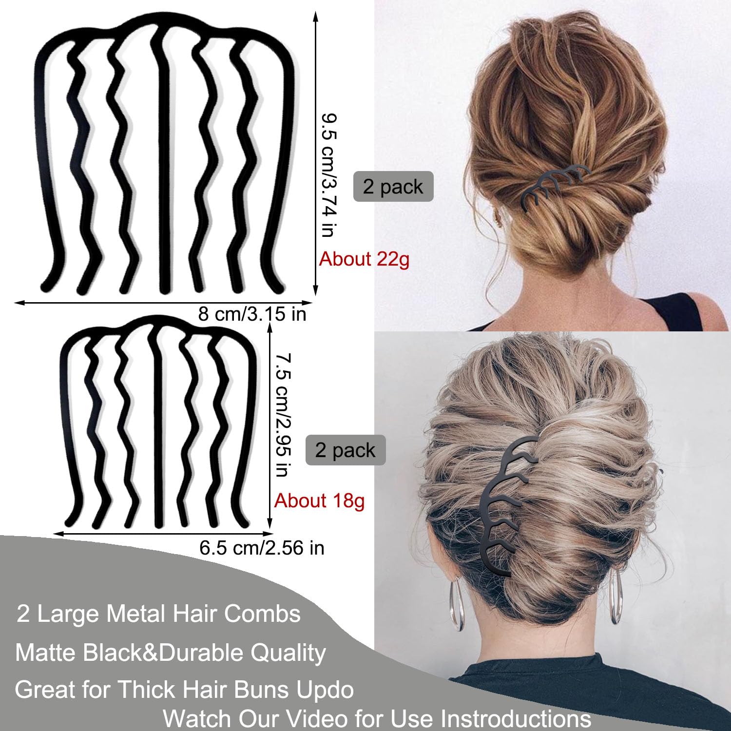 ZIBUYU Hair Bun Slide Combs Set for Easy Updos with Curved Anti Slip Teeth | 6 Pc ABS