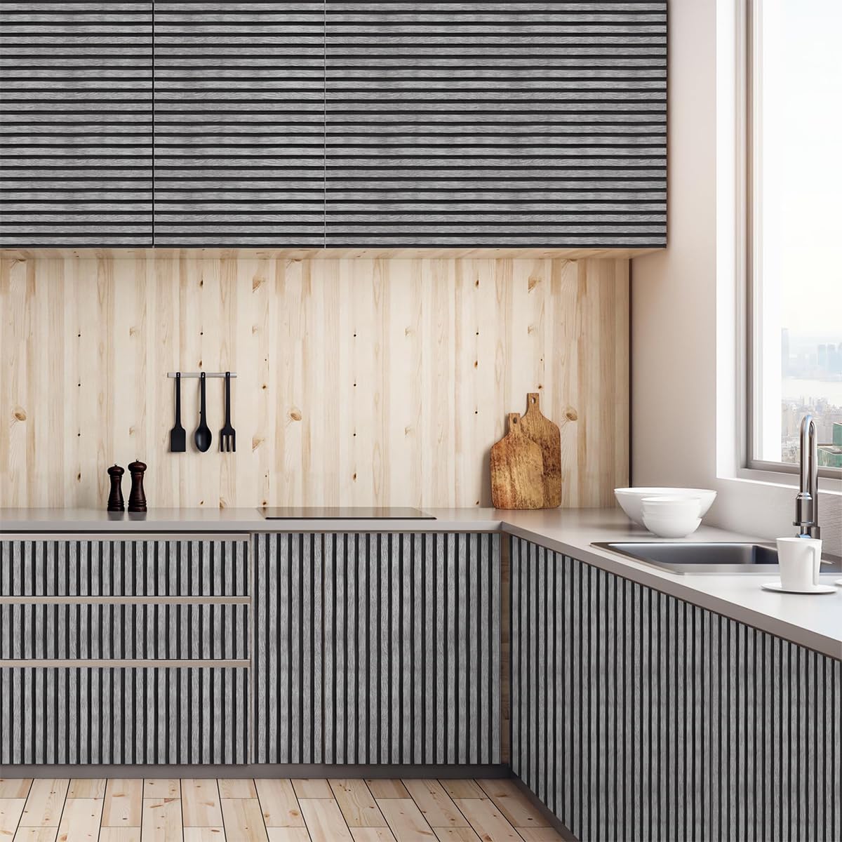 HASTHIP Wallpaper for Living Room and Bathroom with Self Adhesive 3D Slat Pattern 16x118 in Black and Grey PVC