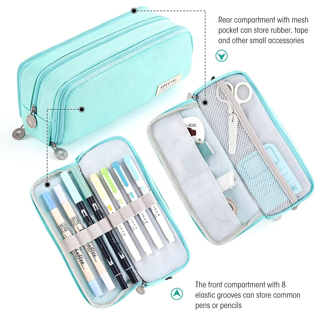 HASTHIP Pencil Case for Students with 3 Compartments and Metal Zippers 21x5x9cm Blue | Multi‑use Cosmetic & Stationery Organizer