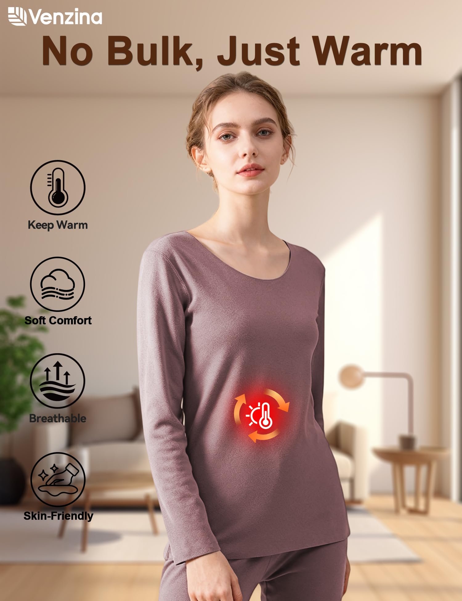 Venzina Women's Seamless Thermal Wear Set for Cold Weather with Double-Sided Fleece | Ultra Soft Crew Neck Base Layer in Coffee XL