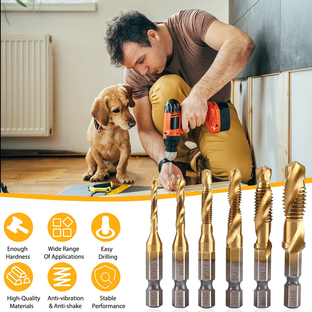 HASTHIP Drill Tap Bit Set for Soft Metal and Aluminum with 6pcs M3–M10 HSS 4341 Titanium | 1/4 Inch Hex Shank Threading Tools