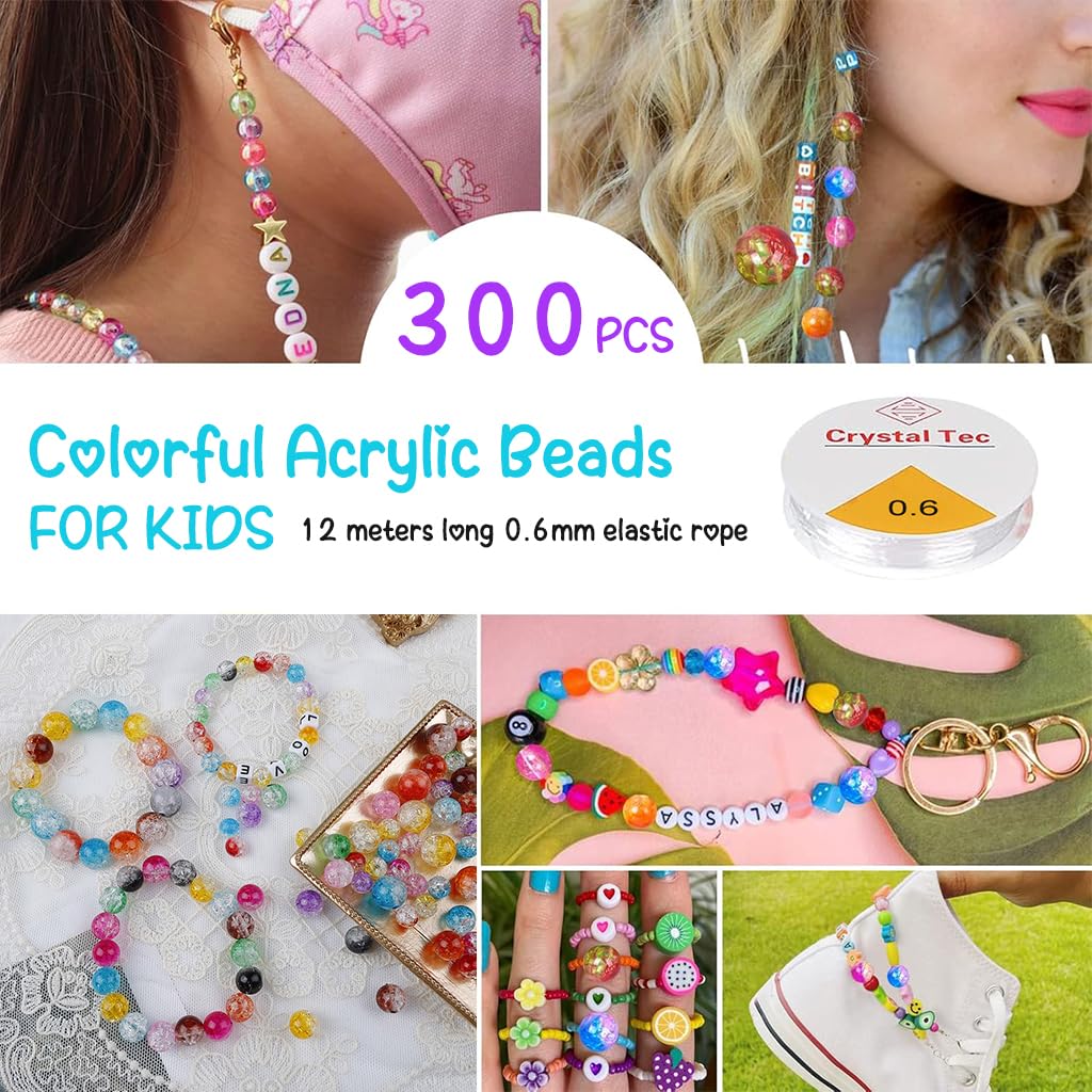 SANNIDHI 300Pcs Crack Glass Beads for Jewellery Making, 8mm Round Bracelet Beads Set, Random Colorful Crystal Beads for Kids Activity, Acrylic Beads Kit for Adults Girls DIY Bracelet Necklace Making