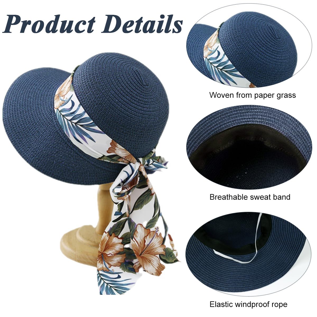 PALAY Straw Hat for Women with Wide Brim for Sun Protection and Floral Ribbon | Blue Summer Beach Hat