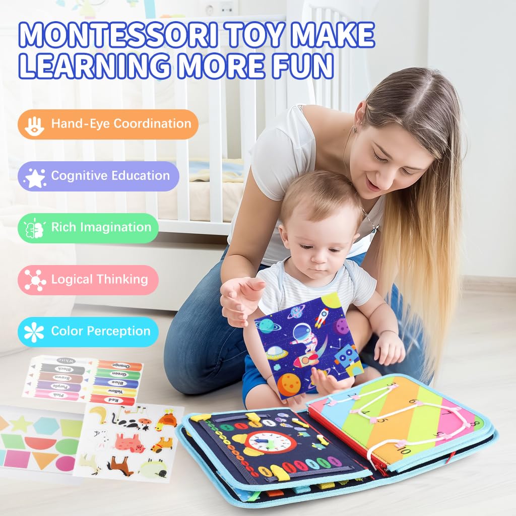 SNOWIE SOFT Busy Board for Toddlers featuring 10 Page Space Theme Felt Book | Travel Toy