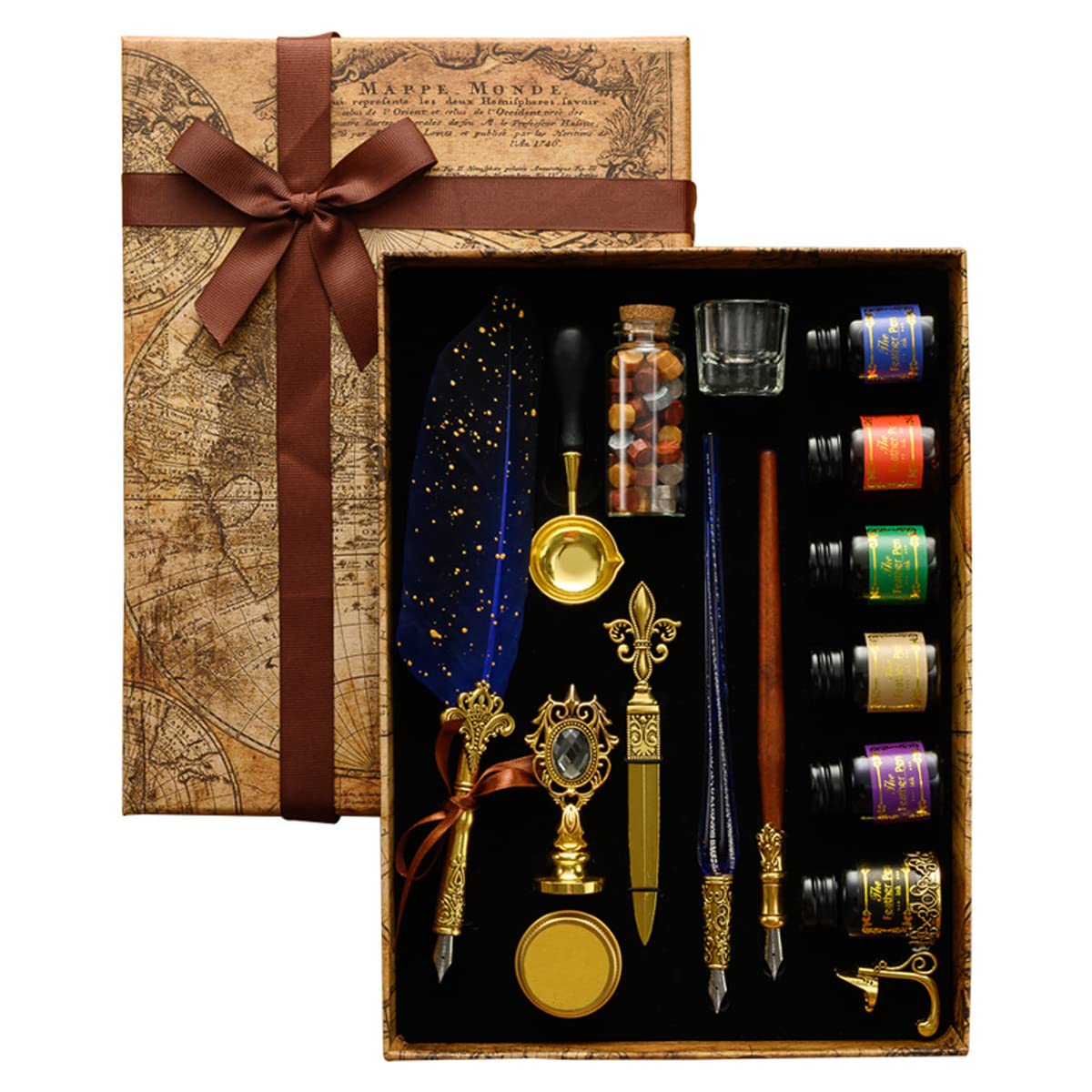 HASTHIP Feather Pen Set for Calligraphy with 6 Ink Bottles and 18 Nibs | Wax Seal Stamp Kit