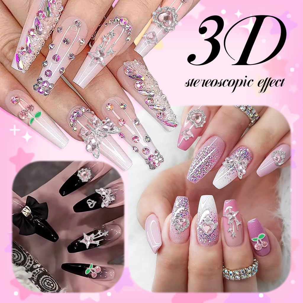 MAYCREATE Nail Charms Set for DIY Art with 24 Alloy 3D Designs and Pink Rhinestones | Kawaii Gems
