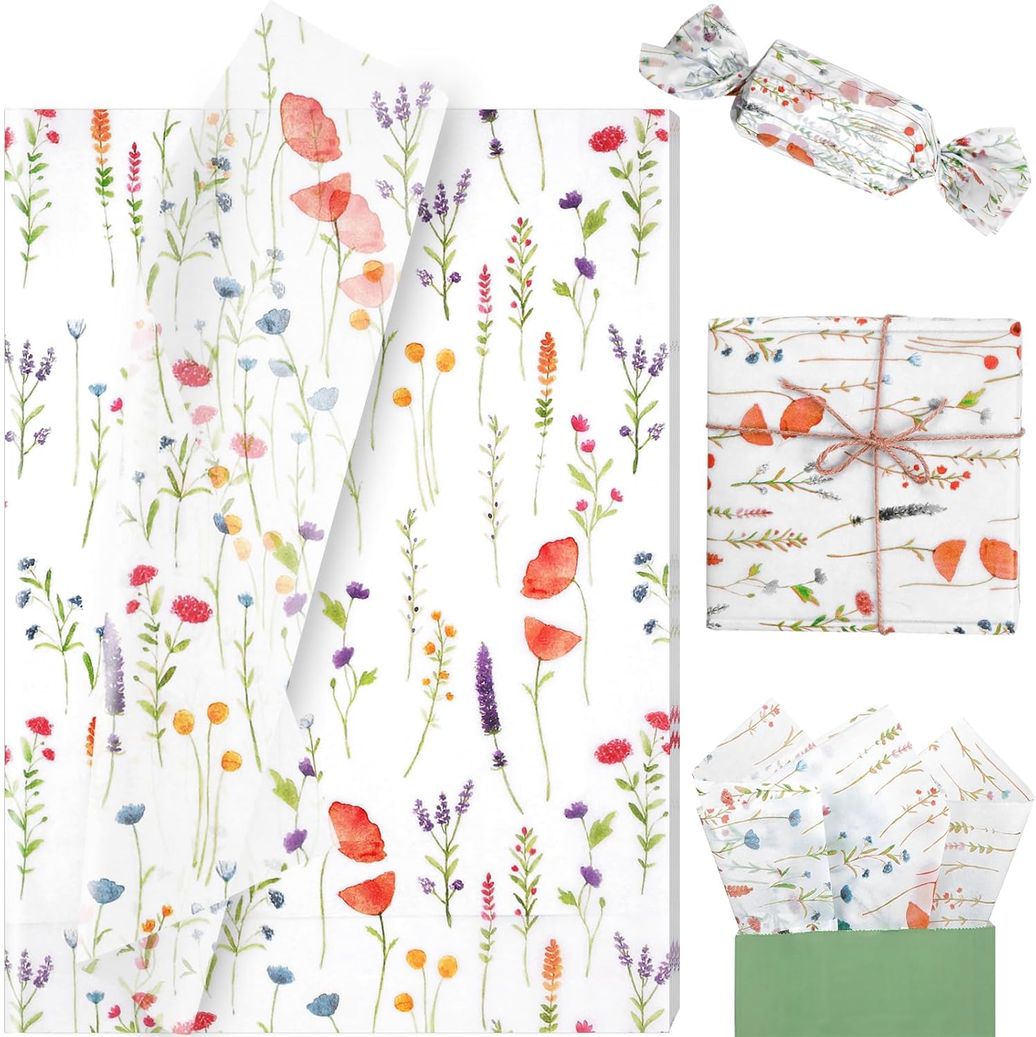 HASTHIP® 10 Sheet Spring Wildflower Tissue Paper, 20x14 Vintage Lavender Red Poppy Tissue for DIY Crafts Birthday Baby Shower Bridal Shower Tea Party Decor-Patterned