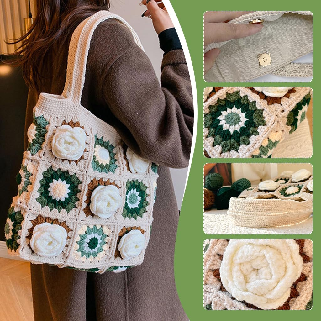 HASTHIP® DIY Camellia Crochet Bag Material Kit with Magnetic Buckle Crochet Handbag Tote Camellia Pattern Handbag Material Kit with Yarn, Crochet Hooks, Lining Pouch, Step by Step Tutorial, 28x25cm