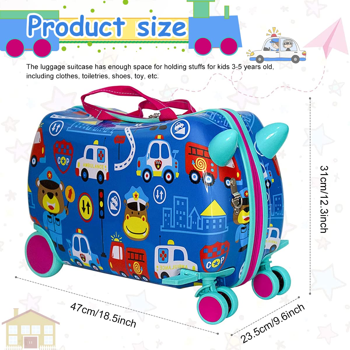 PALAY Kids Ride On Suitcase for Travel with 47x23.5x31cm Capacity and 4 Wheels | for Ages 2–5
