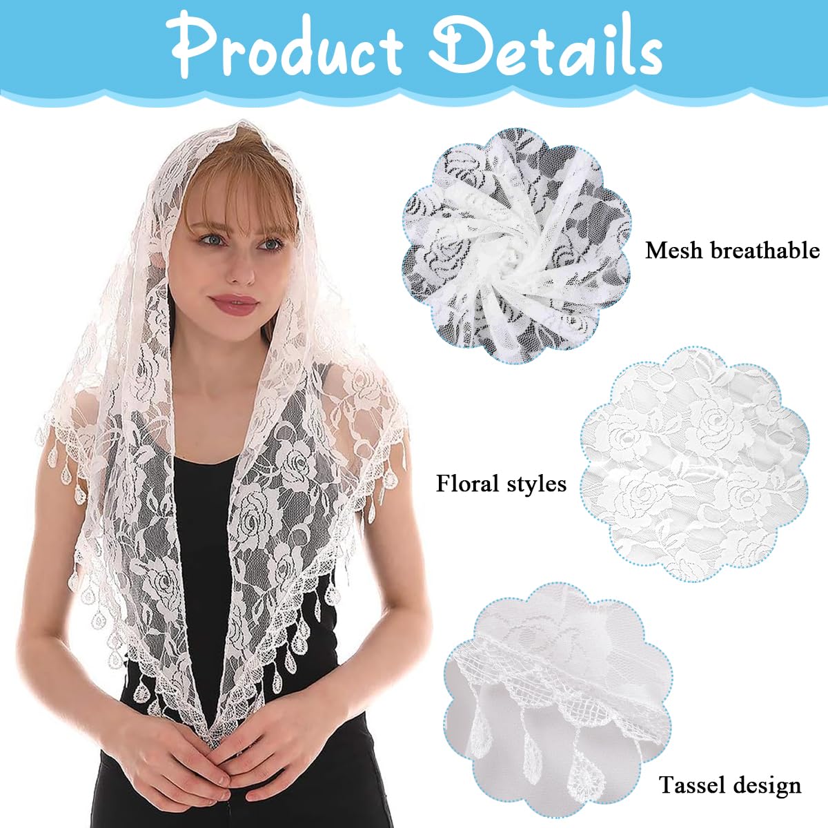 PALAY® Mass Veil for Women, Triangle Chapel Mantilla Lace Veil Shawl, Embroidery Rose Tassle Head Scarf Covering, Ladies Church Cathedral Headwear - White