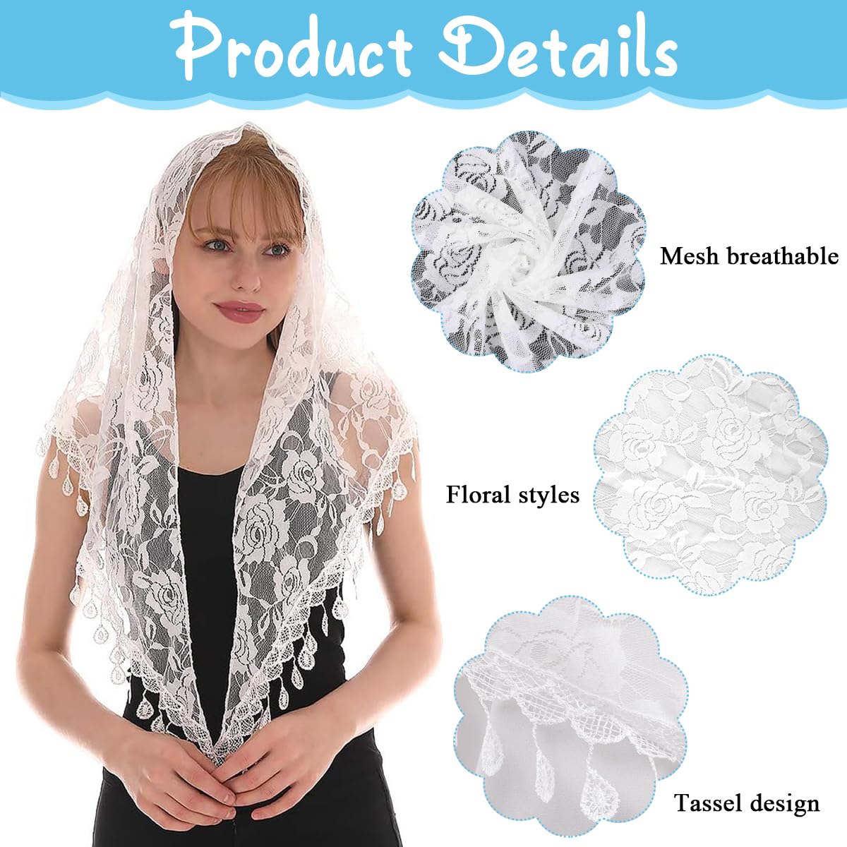 PALAY Mass Veil for Women featuring Triangle Lace Shawl with Rose Embroidery Tassels | White 3 PCS