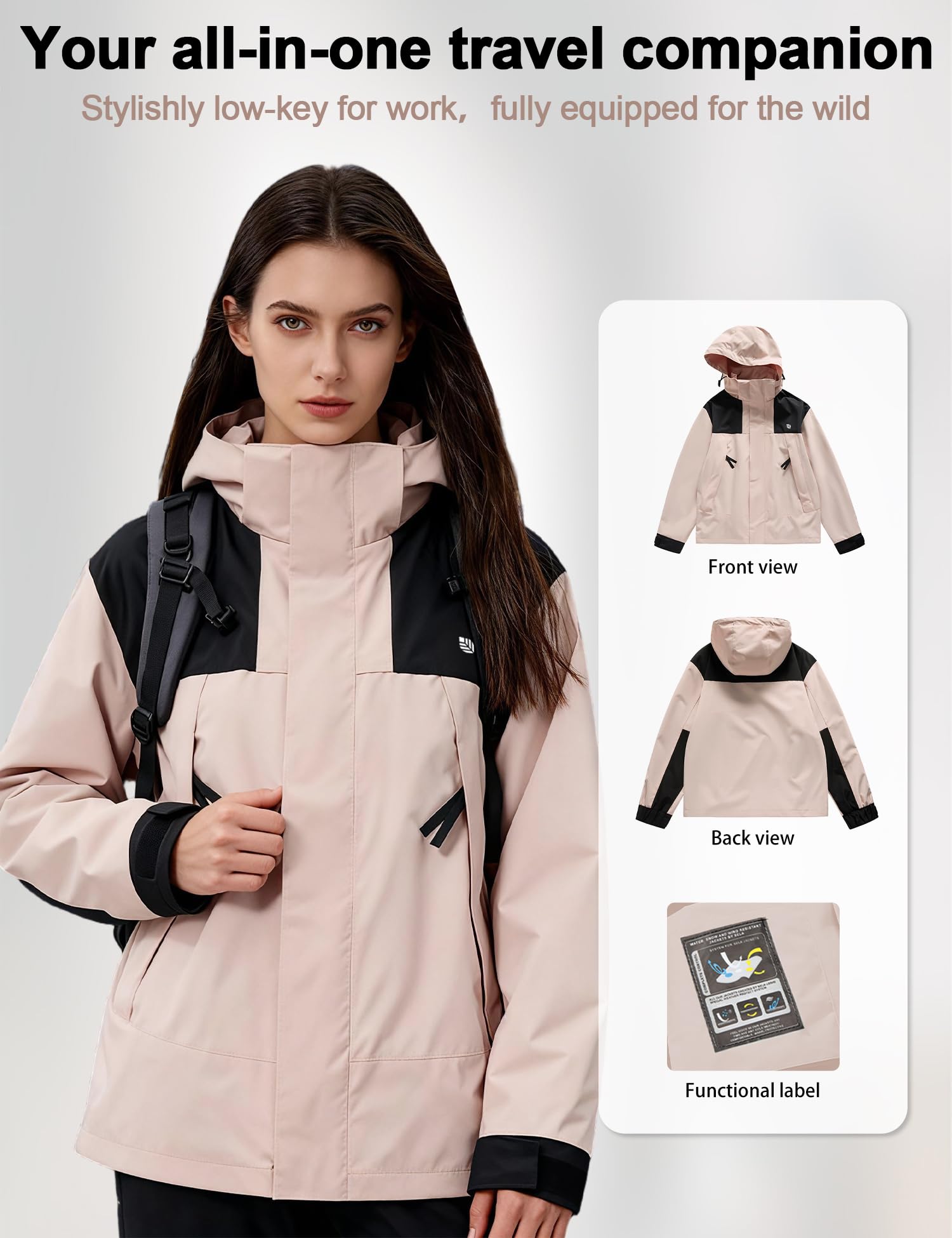 Venzina Women’s Hiking Jacket for Trekking and Daily Wear with Detachable Hood | Pink Slim Fit Windproof Water and Oil Resistant Coat