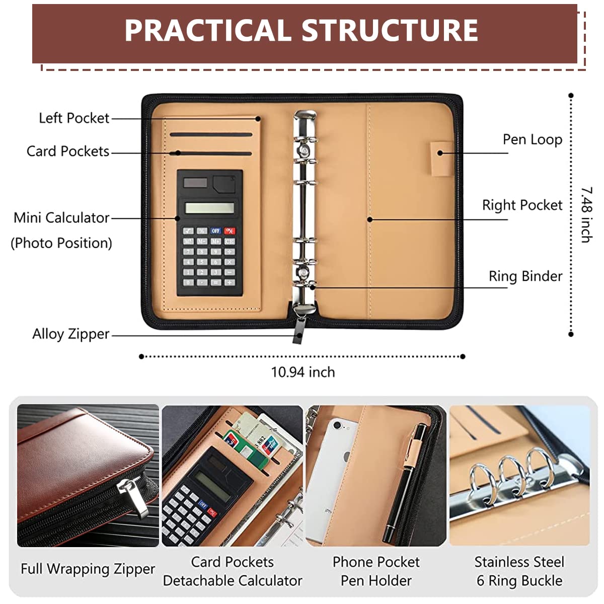 ZIBUYU Brown Leather A6 Notebook Folder for Budget Planning with 6 Ring Binder | Includes Calculator and 12 Cash Envelopes