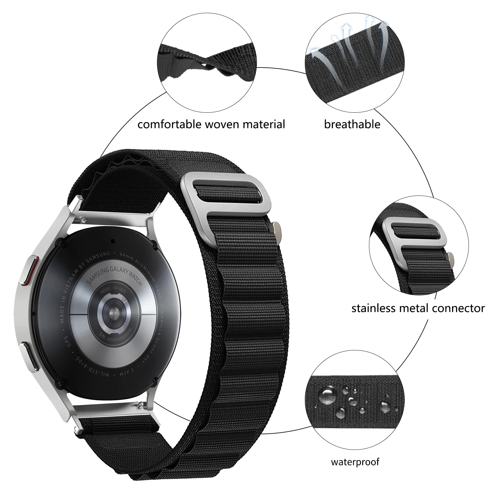 ZORBES Nylon Watch Band for Samsung Galaxy Watch 4 and 5 | Adjustable 20mm Strap with Hook and Loop Lock