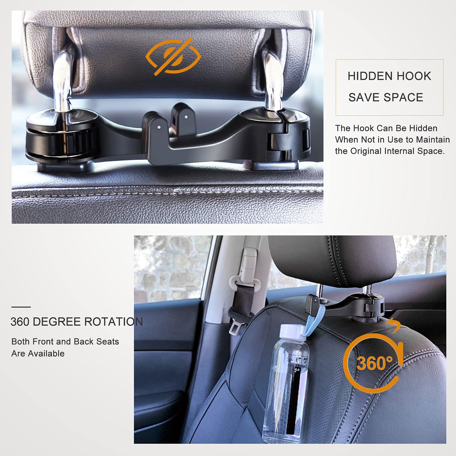 ZIBUYU Car Hooks for Backseat Organization with 2 in 1 Rotatable Phone Holder, 2 Pcs