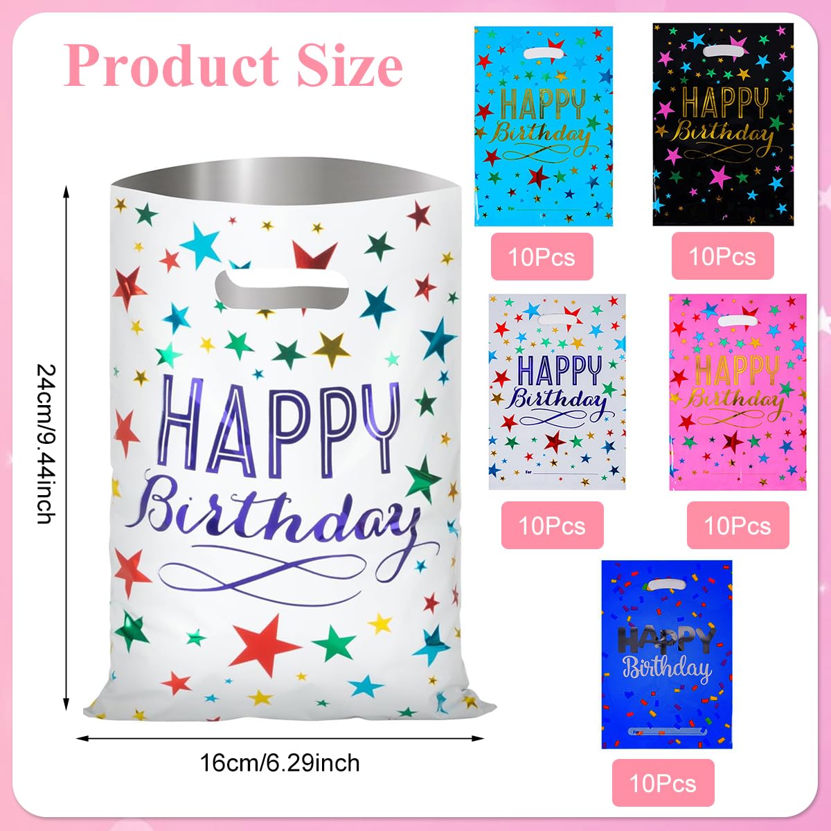 Supvox Birthday Gift Bags 100PCS for Party Favors featuring Five Color Star Print | for Kids