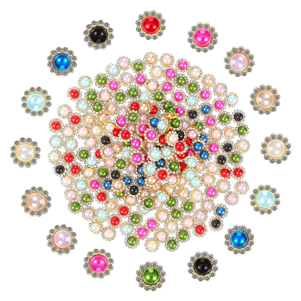 HASTHIP® 100Pcs Flower Buttons 12mm Assorted Color Rhinestone Floral Pearl Flatback Buttons DIY Hand Sewing Decorative Buttons DIY Craft Decorative Floral Buttons for Clothing, Crochet Crafts