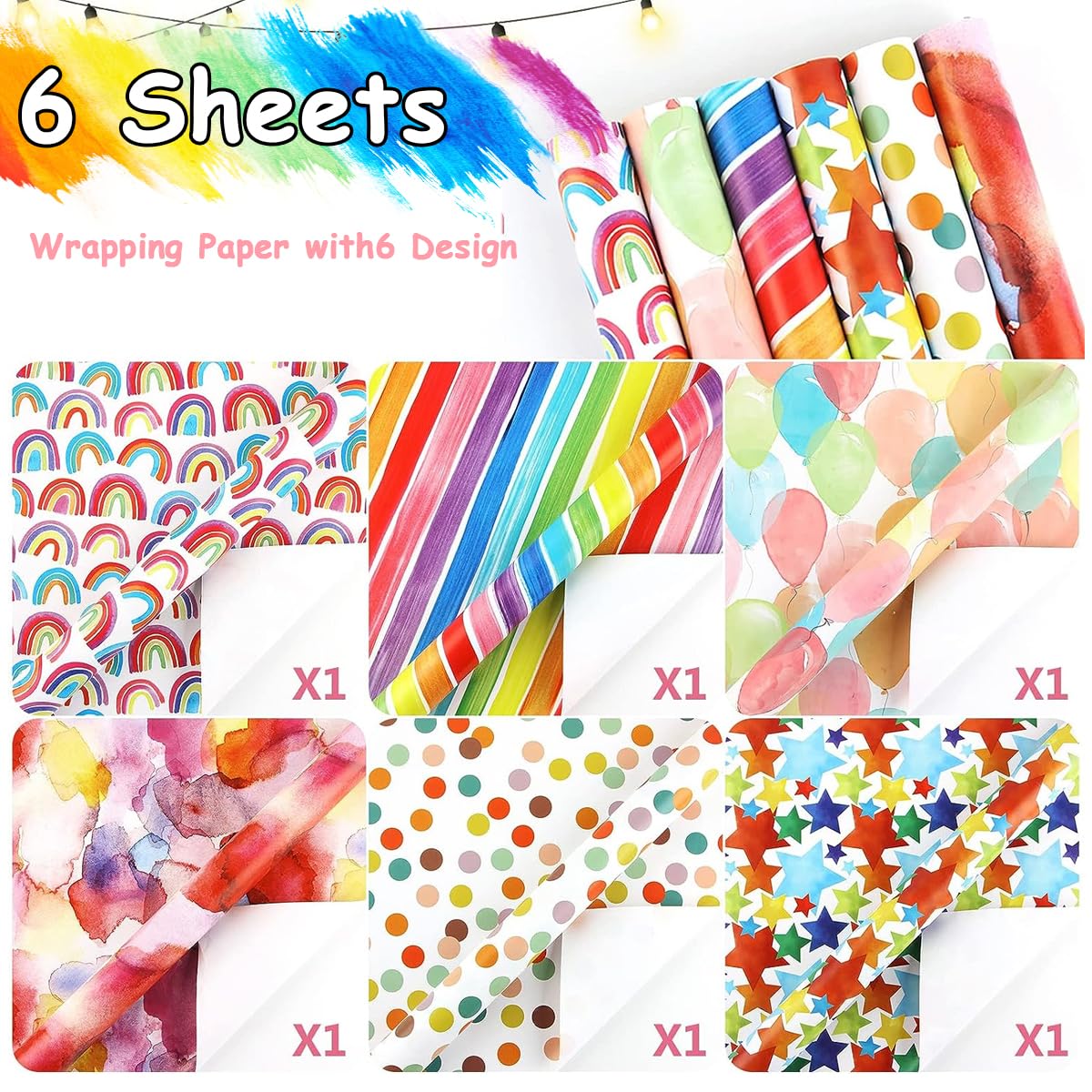 HASTHIP® 12 Sheets Birthday Wrapping Paper Sheets Recyclable Gift Wrap, Rainbow Colorful Gift Wrapping Paper Folded Flat for Birthday, Diwali, Festivals, Christmas, 27.5'' x 19.6''