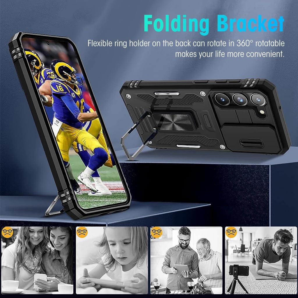 ZORBES Phone Case for Samsung Galaxy S23 with 360° Rotatable Kickstand Grip and Sliding Camera Cover | Black 3 PCS