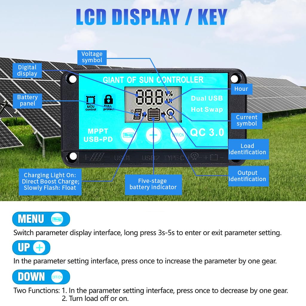 ELEPHANTBOAT Solar Charge Controller 10A for 12V 24V Systems with Dual USB Ports and LCD Display
