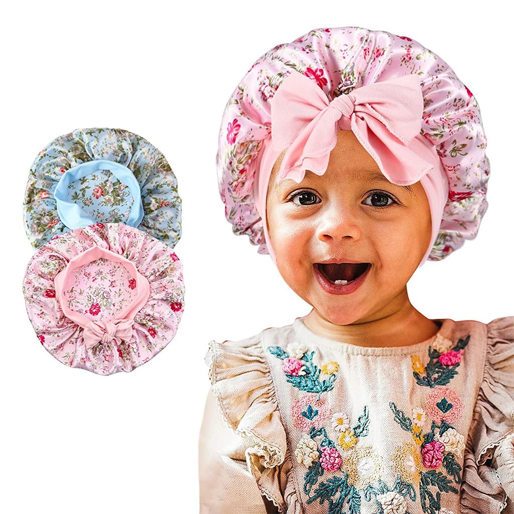 MAYCREATE® 2pcs Kids Silk Bonnet for Hair, Baby Cap Floral Print Satin Hair Bonnet, Elastic Band Soft Silk Hair Cap for Sleeping, Night Hat Shower Cap for Toddlers Child Baby 2-8 Years Old Gift