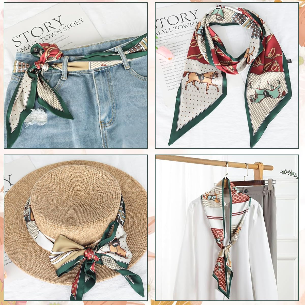 PALAY® Women’s Silk Scarf Combo – Floral & Horse Printed Long Narrow Satin Scarves for Suits, Blazers, Shirts, Bags, Hair, Gift, Neckerchief, 59