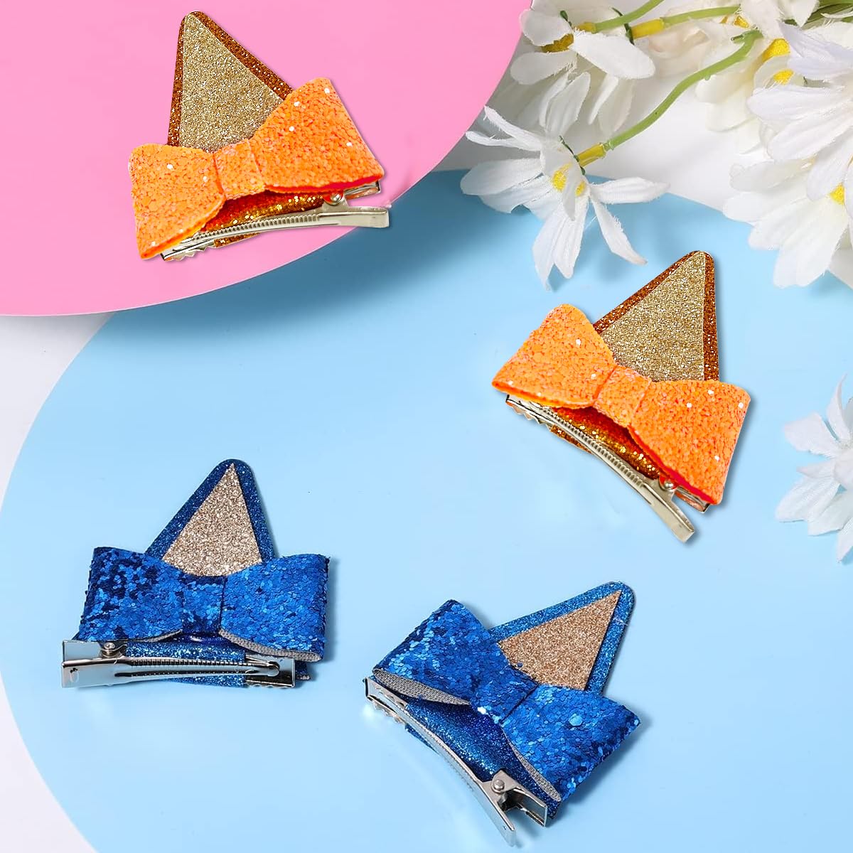 PALAY Dog Ear Bow Hair Clips for Toddlers and Kids featuring Glitter Sequin Bows Blue and Apricot | Party and Costume Accessories