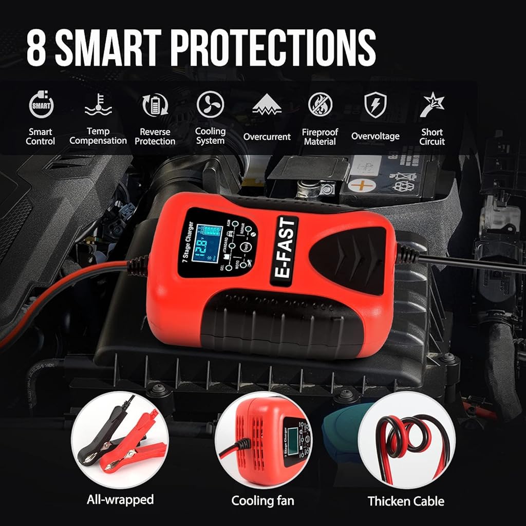 Verilux® Car Battery Charger 7 Stage Fully Automatic Smart 12V Maintainer Multi Protection for Most Vehicles Motorcycle Lawn Mower and More 3 PCS