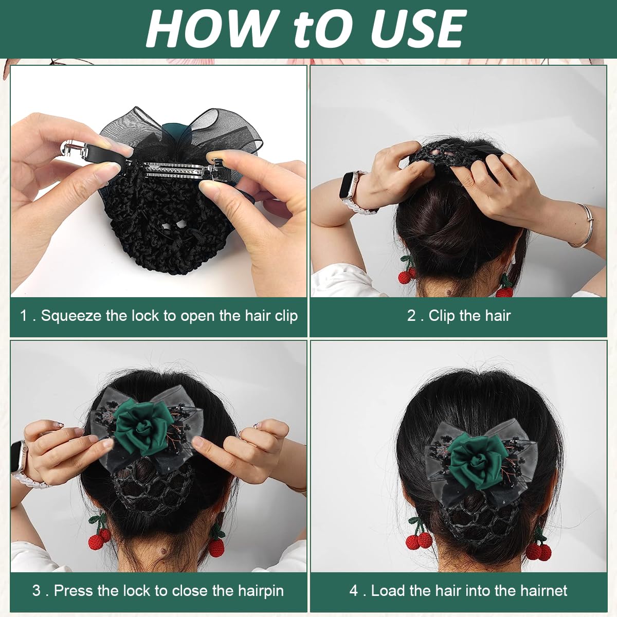 MAYCREATE Hair Bun Net for Women with Alloy Spring Clip and Green Floral Lace | Ideal for Work or Dance