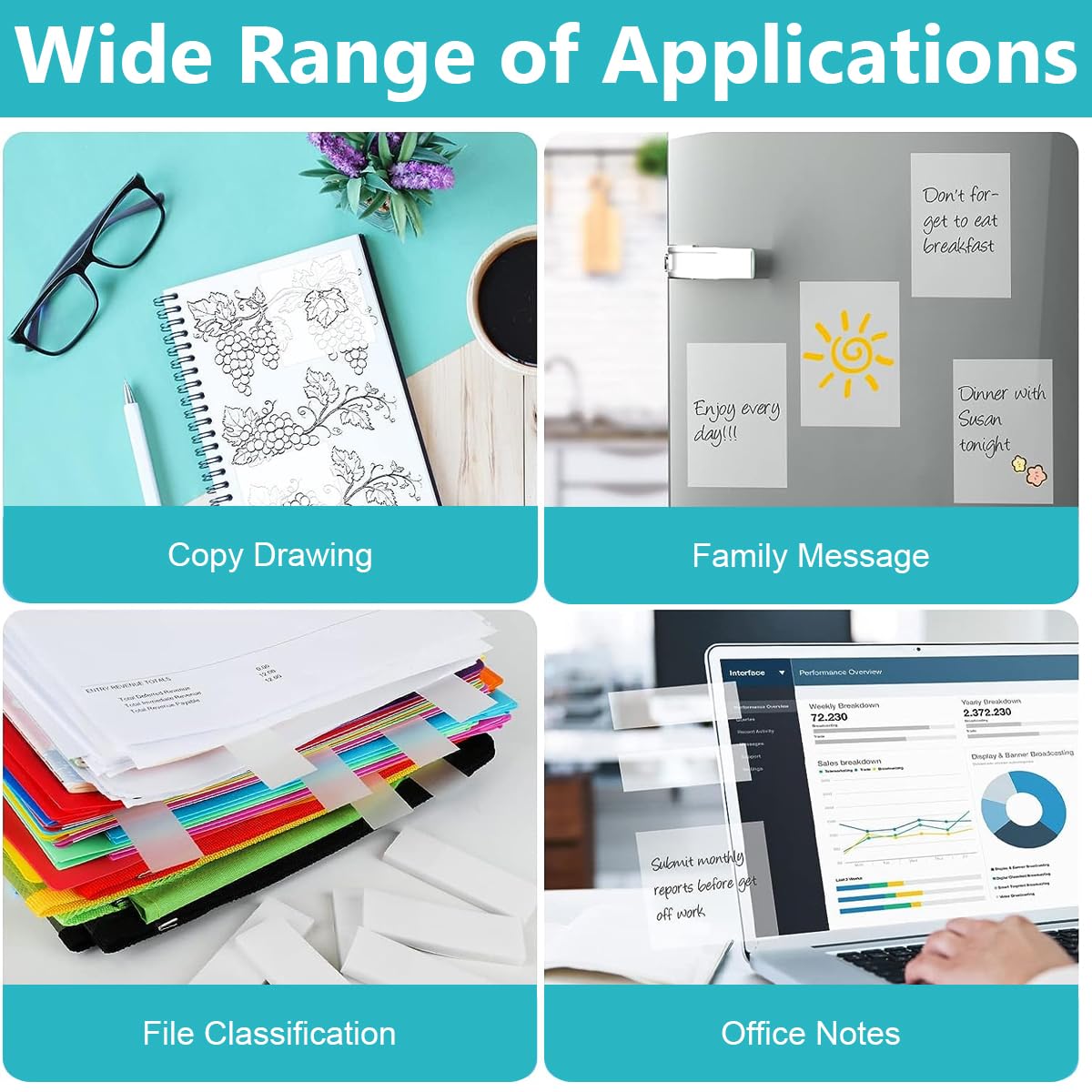 HASTHIP Transparent Sticky Notes for Books and Office with 400 Sheets and 4 Sizes | Writable PET Clear Notes