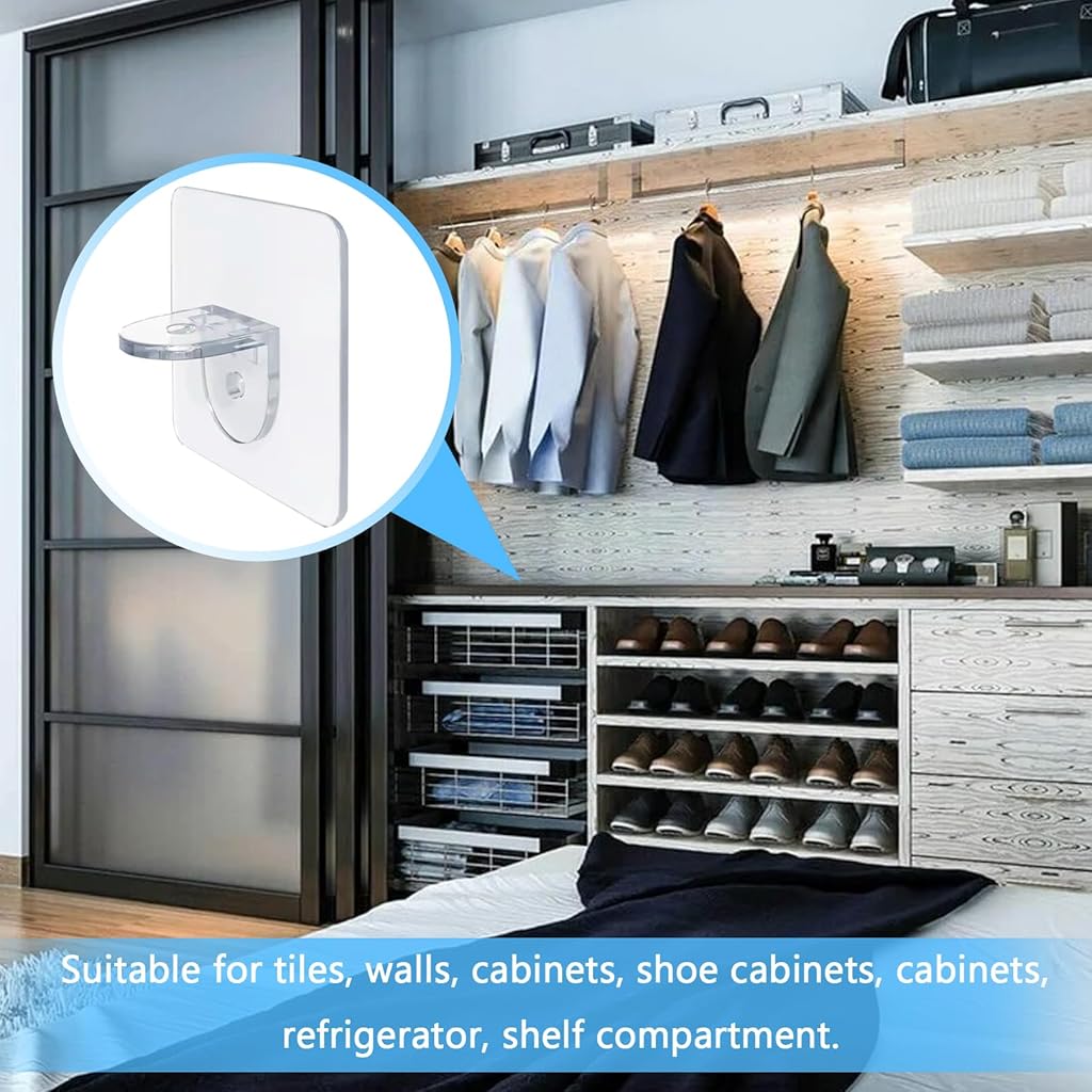 ZIBUYU® 20 Pcs Transparent Self Adhesive Shelf Bracket & Pegs, 7x7cm No Drill Punch-Free Wardrobe Partition Holder, Hooks for Kitchen, Bathroom, Closet & Wall Heavy Duty, Multi-Use Stickers