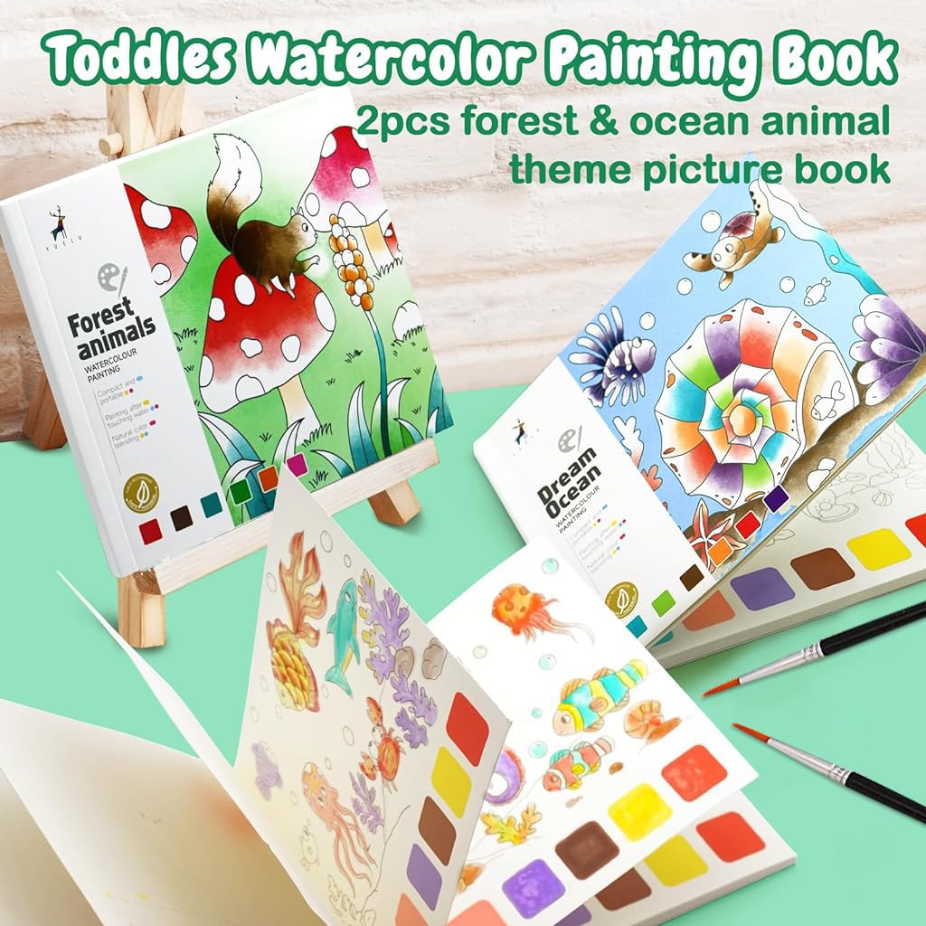 PATPAT Kids Watercolor Painting Book 2Pcs for Creative Learning with Brush and Pigments | Hard Paper Art Set for Children 3 Plus