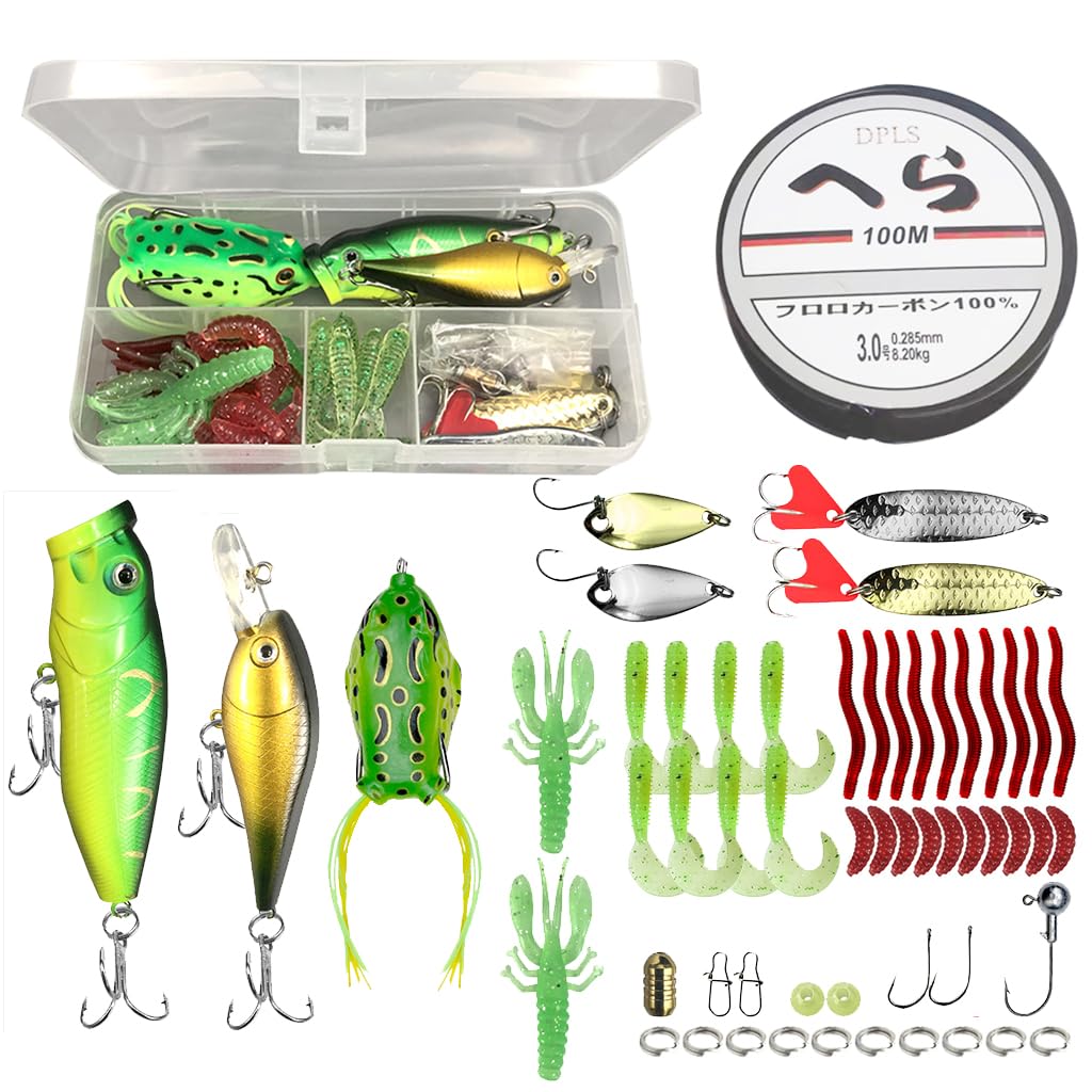 Proberos® 56Pcs Fishing Lures Set with Carry Box Assorted 9 Types Fish Lures Including Biomimetic Baits Frog Octagonal Shrimp Shine Flakes, Worms, Curl Tails & Assorted Accessories Hooks