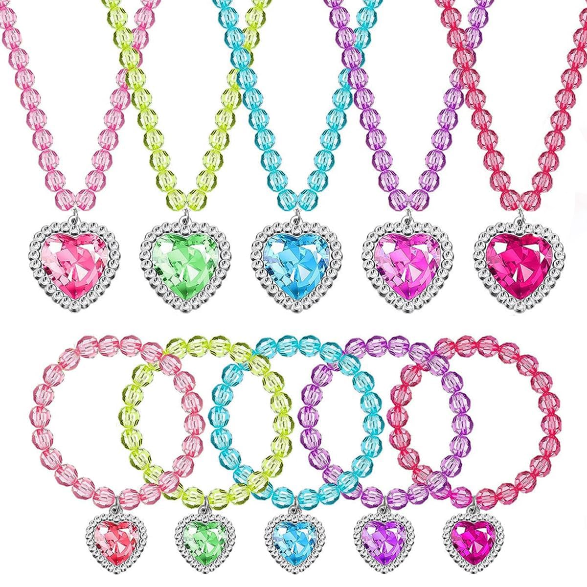 SANNIDHI 5pcs Color Bead Kids Necklace for Girls, Plastic Beads Kids Jewellery for Girls Color Heart Necklace for Kids