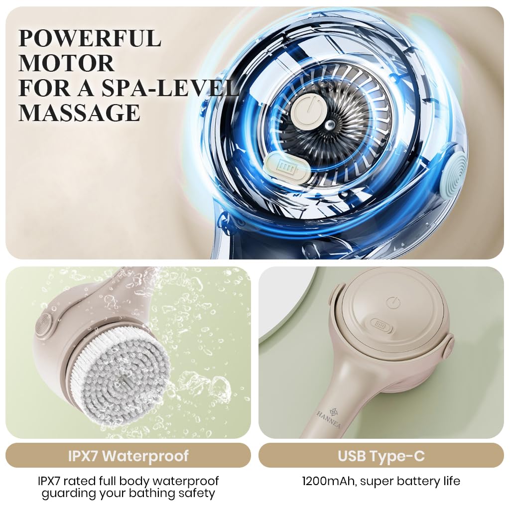 HANNEA Electric Bath Brush with 4 Heads and 2 Modes for Exfoliation and Dual Handle Design