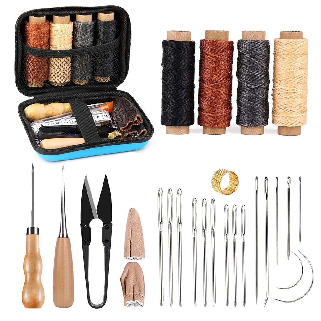 HASTHIP Leather Sewing Kit, Leather Working Kit with Large-Eyed Stitching Needles, Waxed Thread, Leather Upholstery Repair Kit, Leather Sewing Tools for DIY Leather Craft with Storage Bag