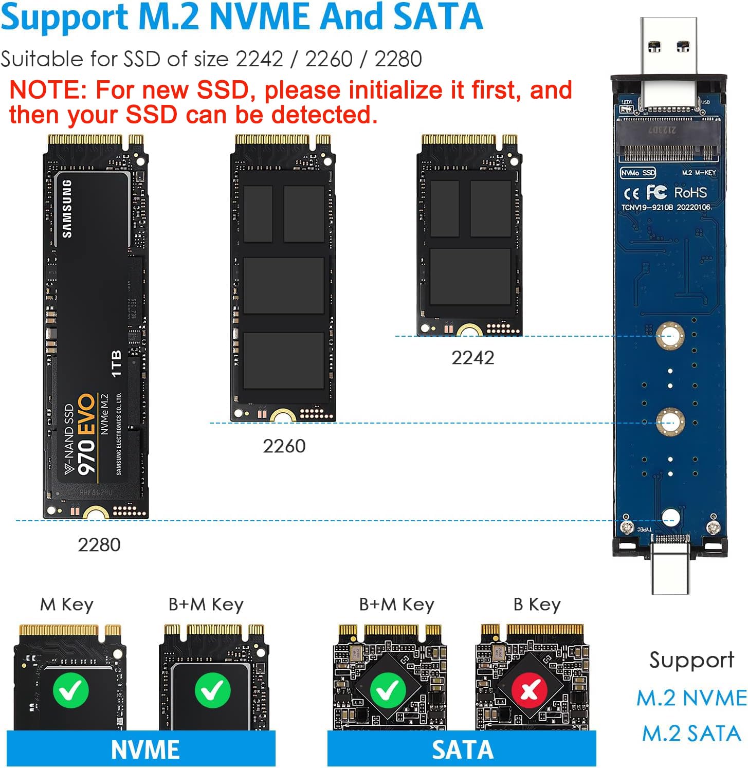 Verilux M.2 NVME SATA SSD Enclosure, Dual Protocol Aluminum Alloy SSD Case with USB C 3.1 Gen 2 USB3.0 to M.2 M-Key B+M Key Enclosure, Support Up to 2TB, Fits 2242 2260 2280, USB & USB C Devices