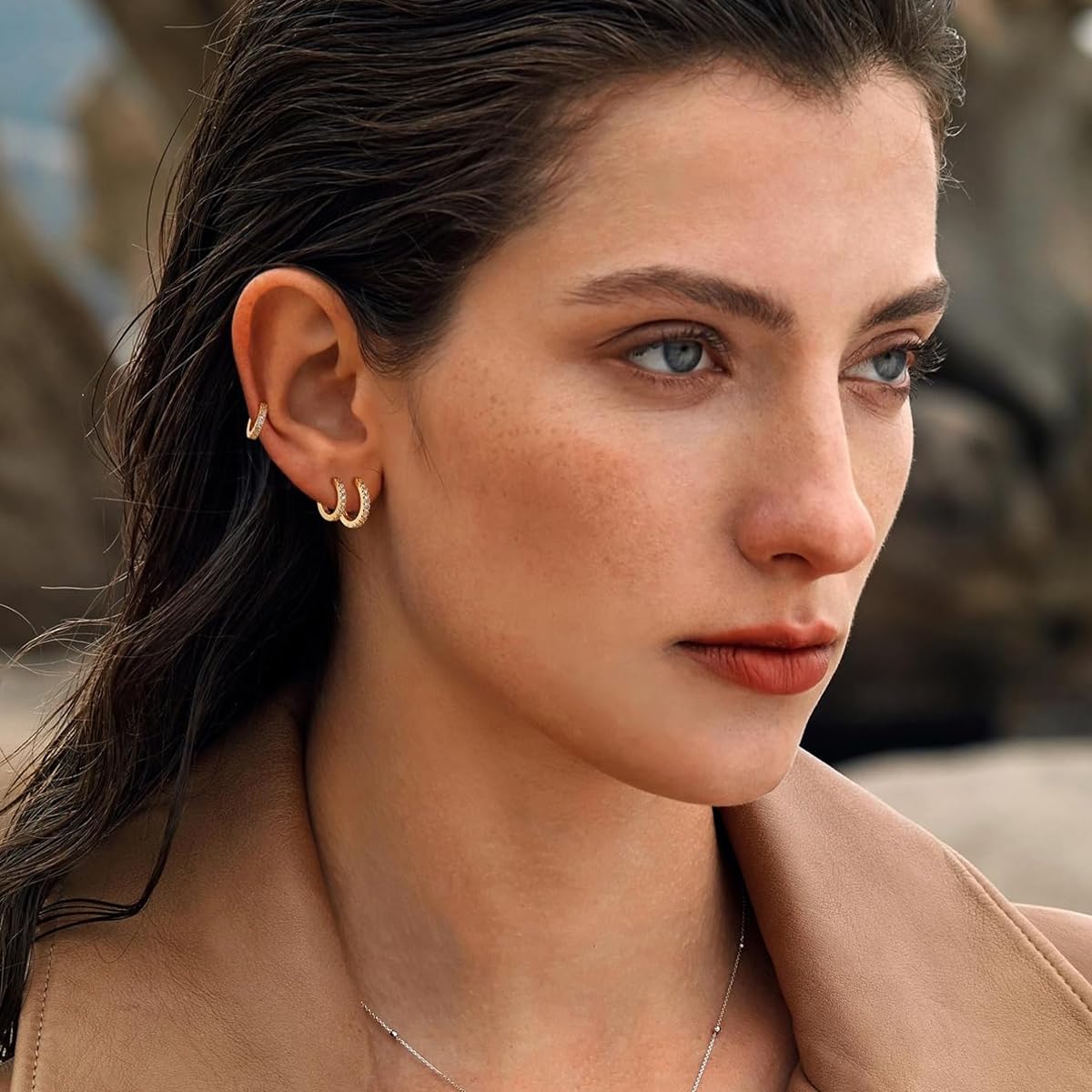 SANNIDHI Hoop Earrings for Women with Zircon Detail 4 Pairs 8mm to 14mm Gold Huggie Jewelry