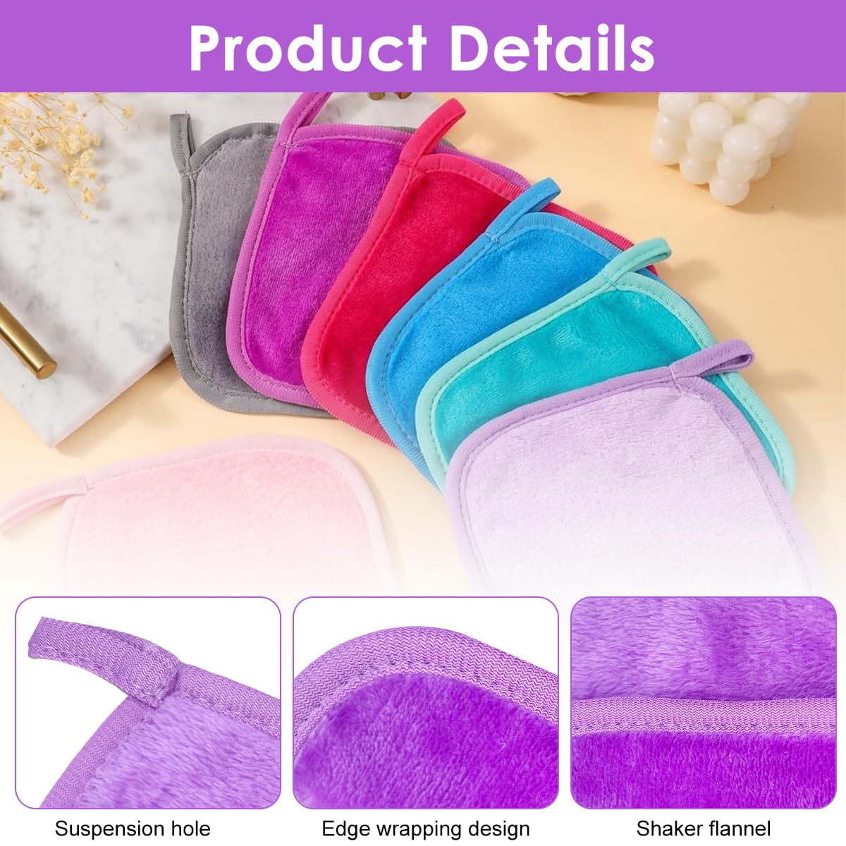 MAYCREATE Face Towels 7 Pack for Daily Skincare with Hanging Loop 6.3 in Square | Ultra Soft Flannel Reusable Makeup Remover Cloths