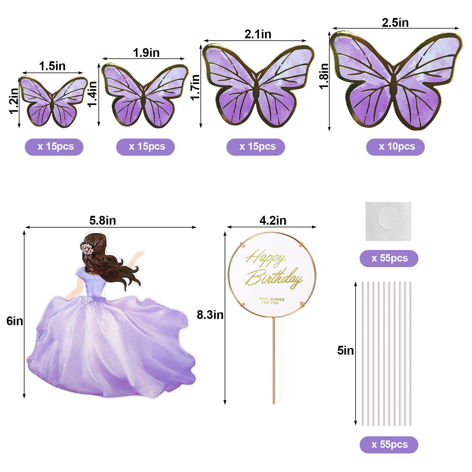 HASTHIP Cake Decoration Items Set for Birthday Cakes with 56Pcs Butterfly Toppers | Purple Decor for Girls Party